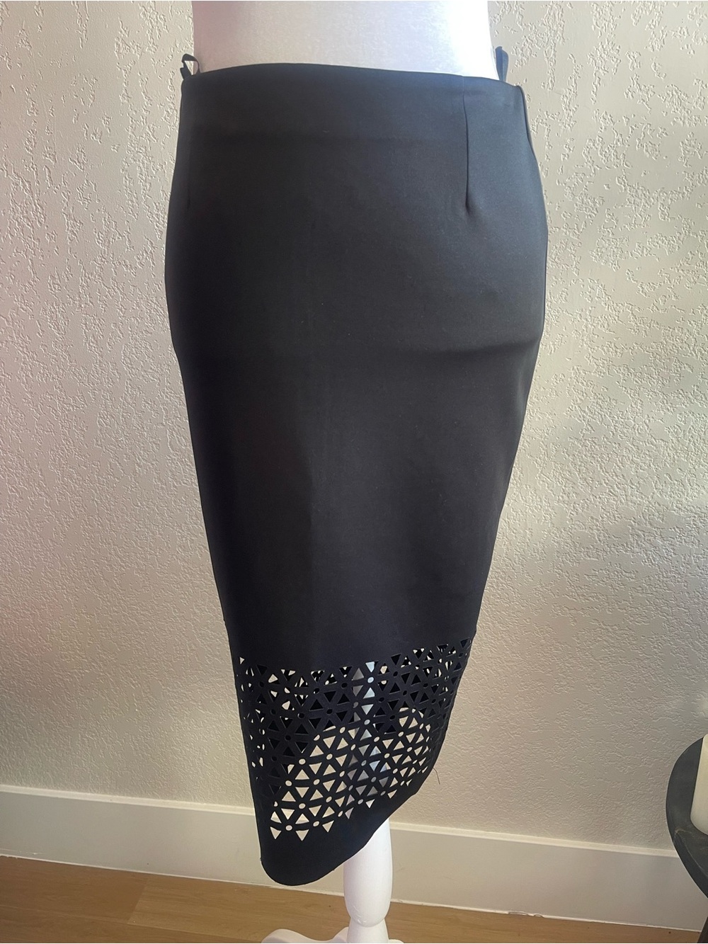 Sans Souci Black Midi Pencil Skirt with Laser-Cut Hem